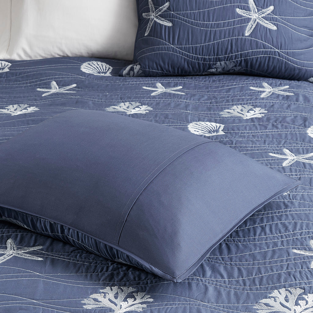 Seaside 4 Piece Cotton Reversible Embroidered Quilt Set with Throw Pillow