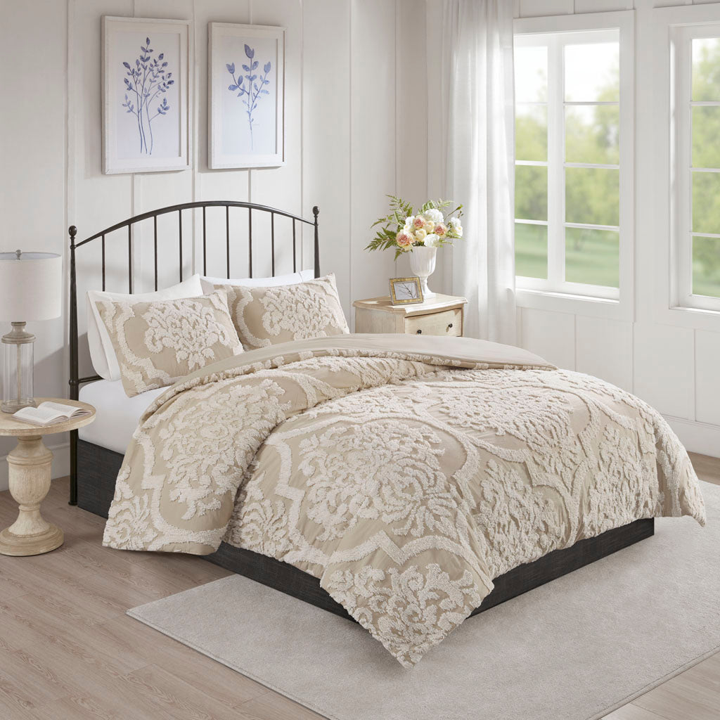 Viola 3 piece Tufted Cotton Chenille Damask Duvet Cover Set