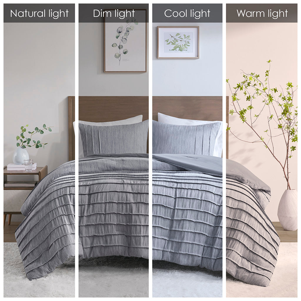 Maddox 3 Piece Striated Cationic Dyed Oversized Comforter Set with Pleats