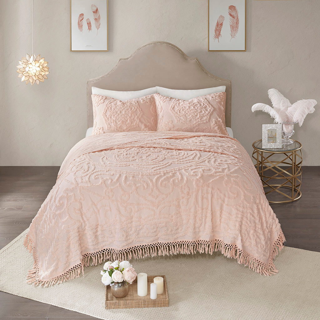 Laetitia Tufted Cotton Chenille Medallion Fringe Coverlet Set