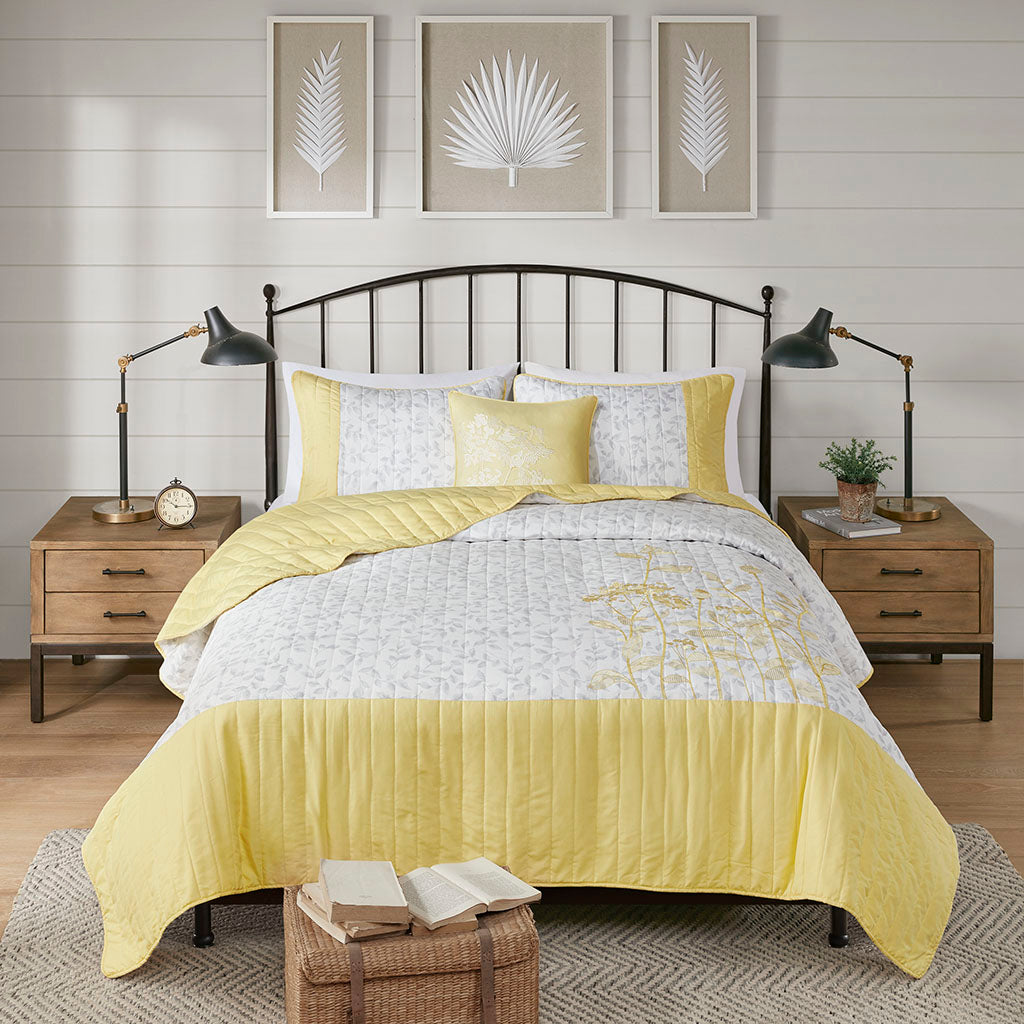 Pippa 4 Piece Embroidered Microfiber Quilt Set with Throw Pillow