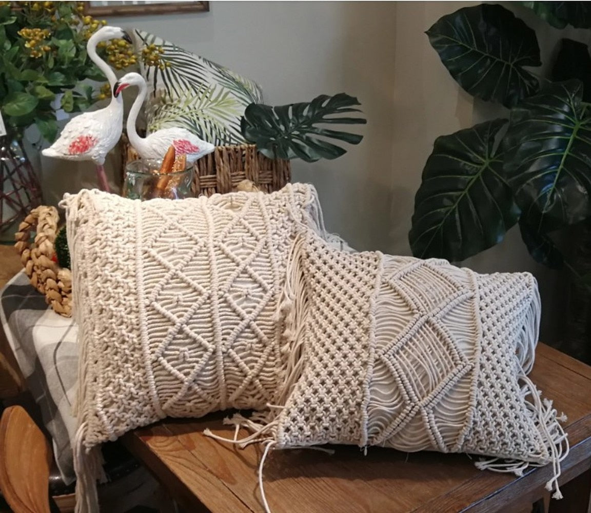 Macrame Hand-Woven Cotton Thread Pillow Covers 100% Cotton Linen Geometry Bohemia Cushion Covers
