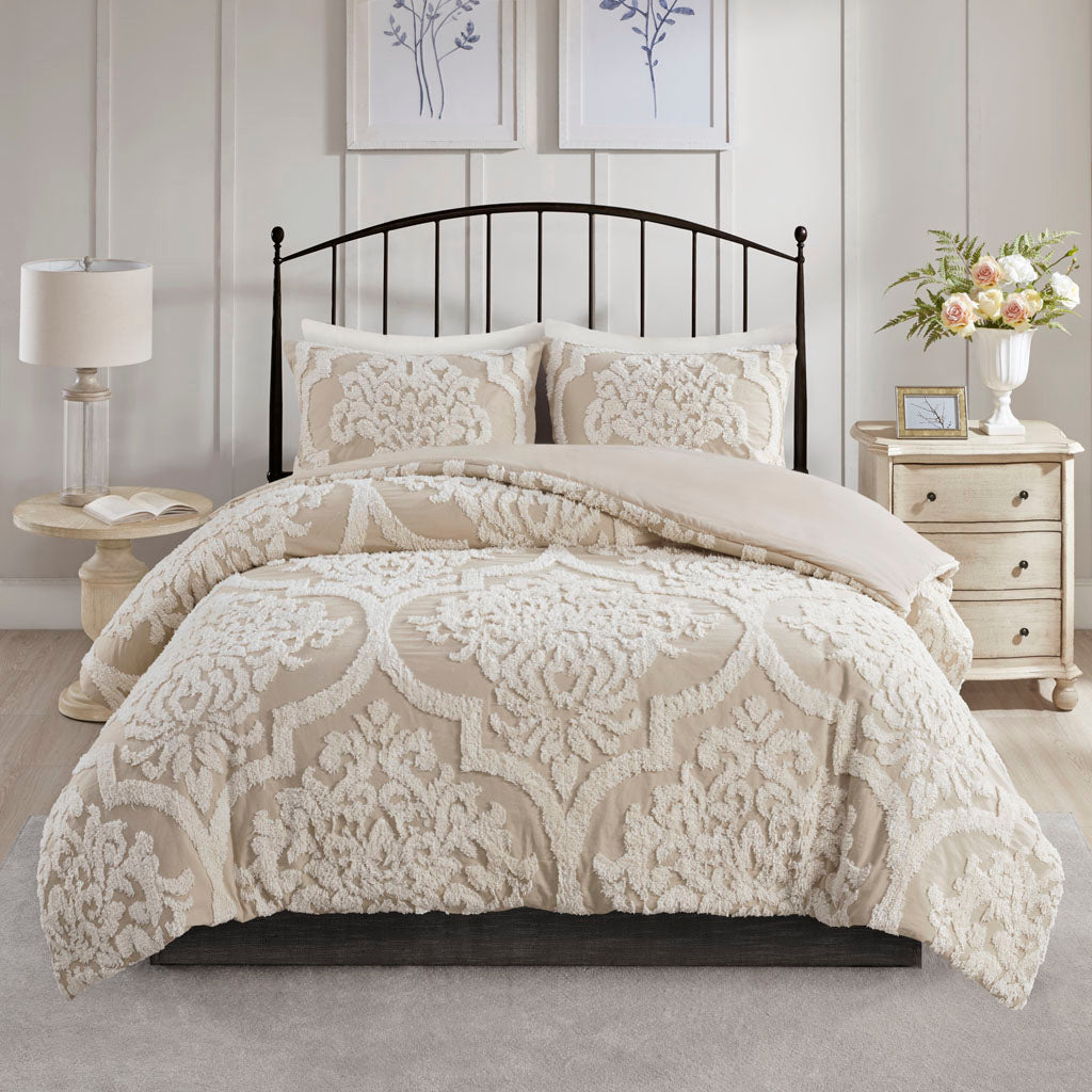 Viola 3 piece Tufted Cotton Chenille Damask Duvet Cover Set