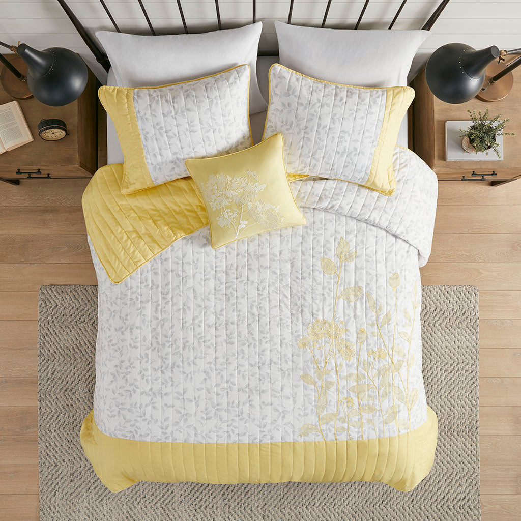 Pippa 4 Piece Embroidered Microfiber Quilt Set with Throw Pillow