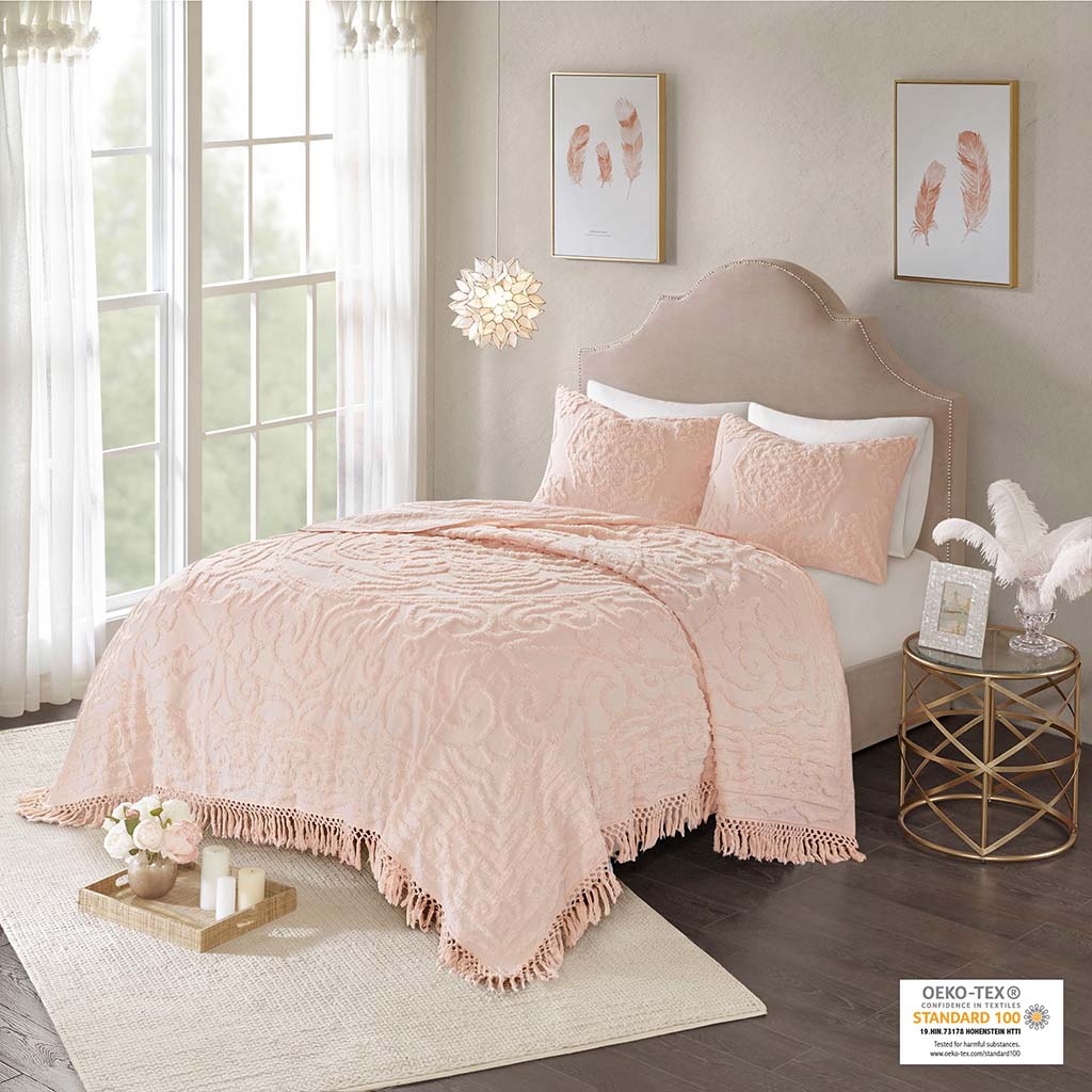 Laetitia Tufted Cotton Chenille Medallion Fringe Coverlet Set