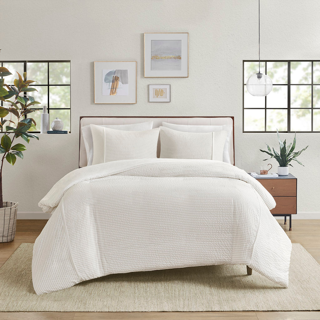 Apollo 3 Piece Striped Seersucker Oversized Duvet Cover Set