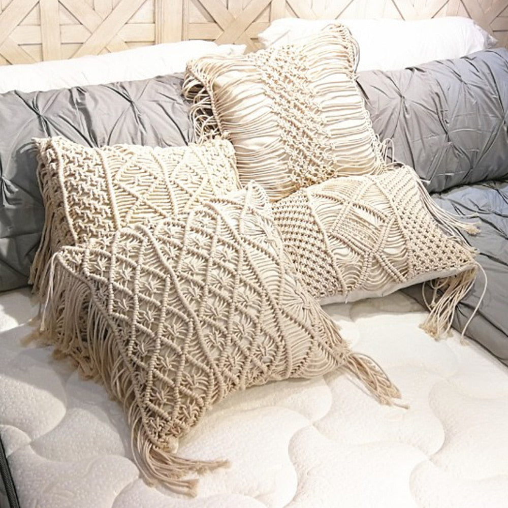 Macrame Hand-Woven Cotton Thread Pillow Covers 100% Cotton Linen Geometry Bohemia Cushion Covers