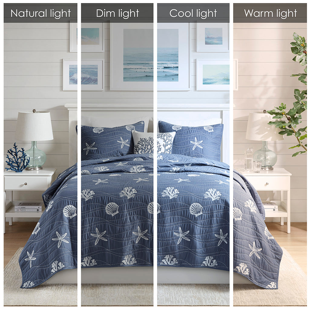 Seaside 4 Piece Cotton Reversible Embroidered Quilt Set with Throw Pillow