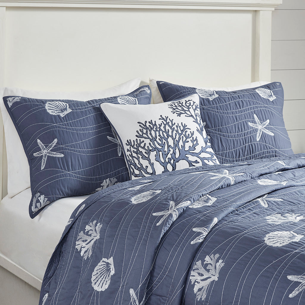 Seaside 4 Piece Cotton Reversible Embroidered Quilt Set with Throw Pillow