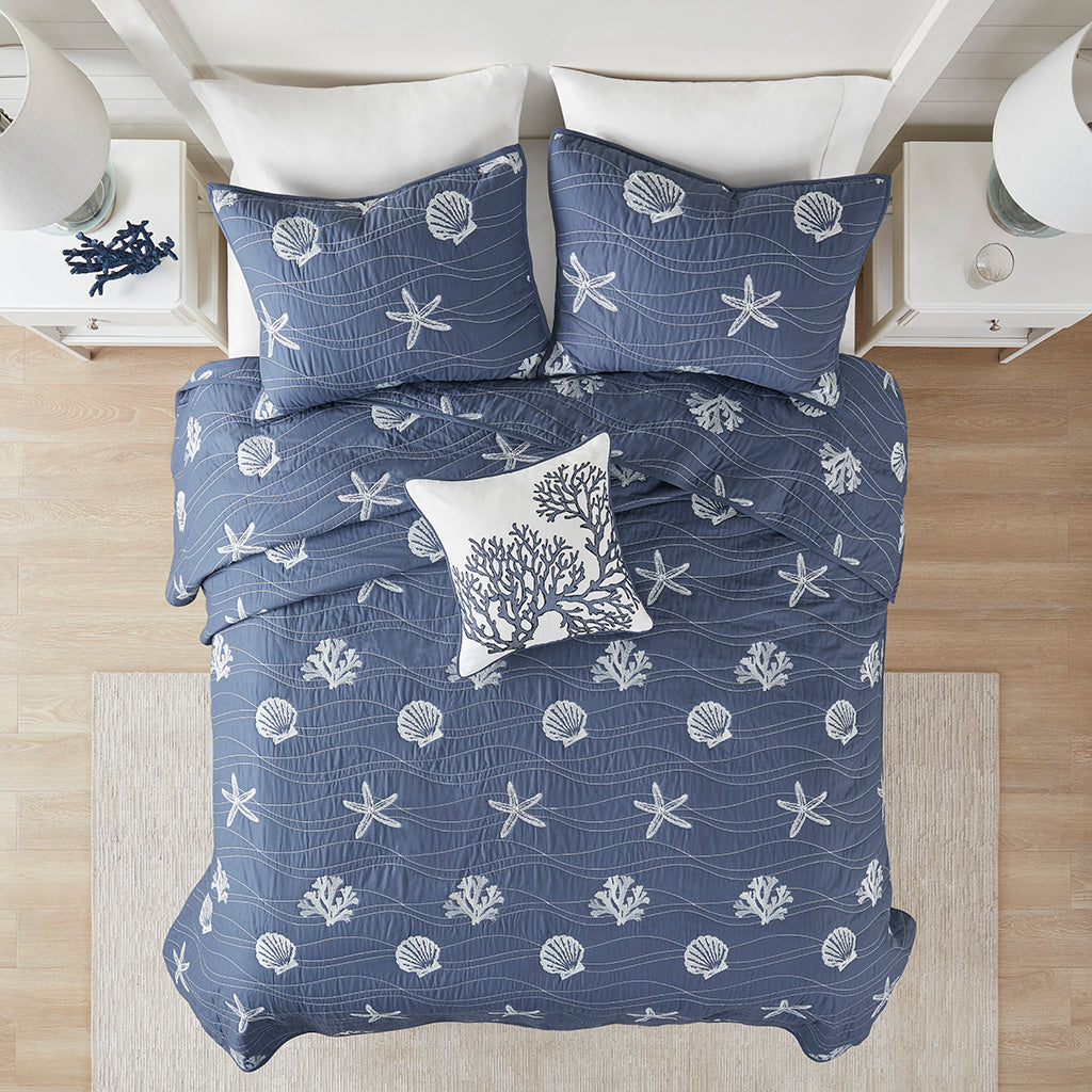 Seaside 4 Piece Cotton Reversible Embroidered Quilt Set with Throw Pillow