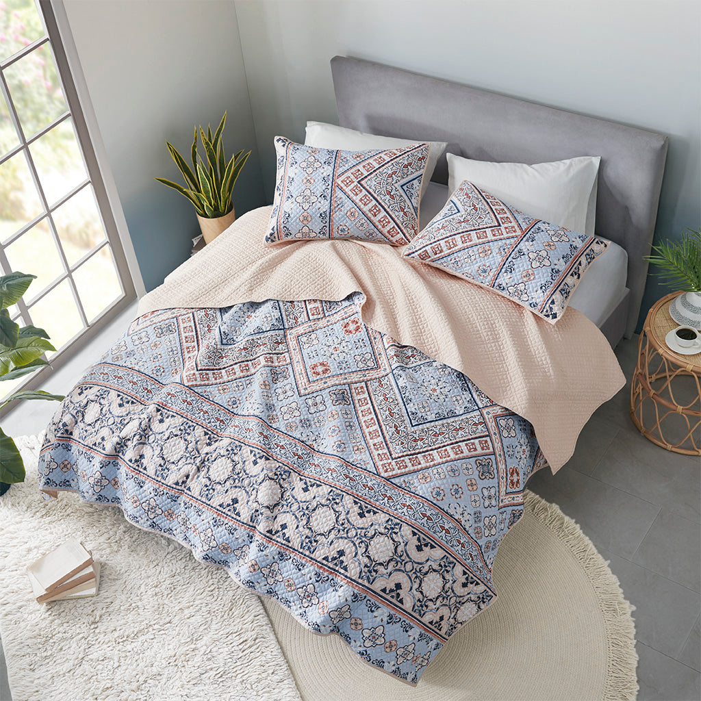 Anisa 3 Piece Printed Microfiber Reversible Coverlet Set