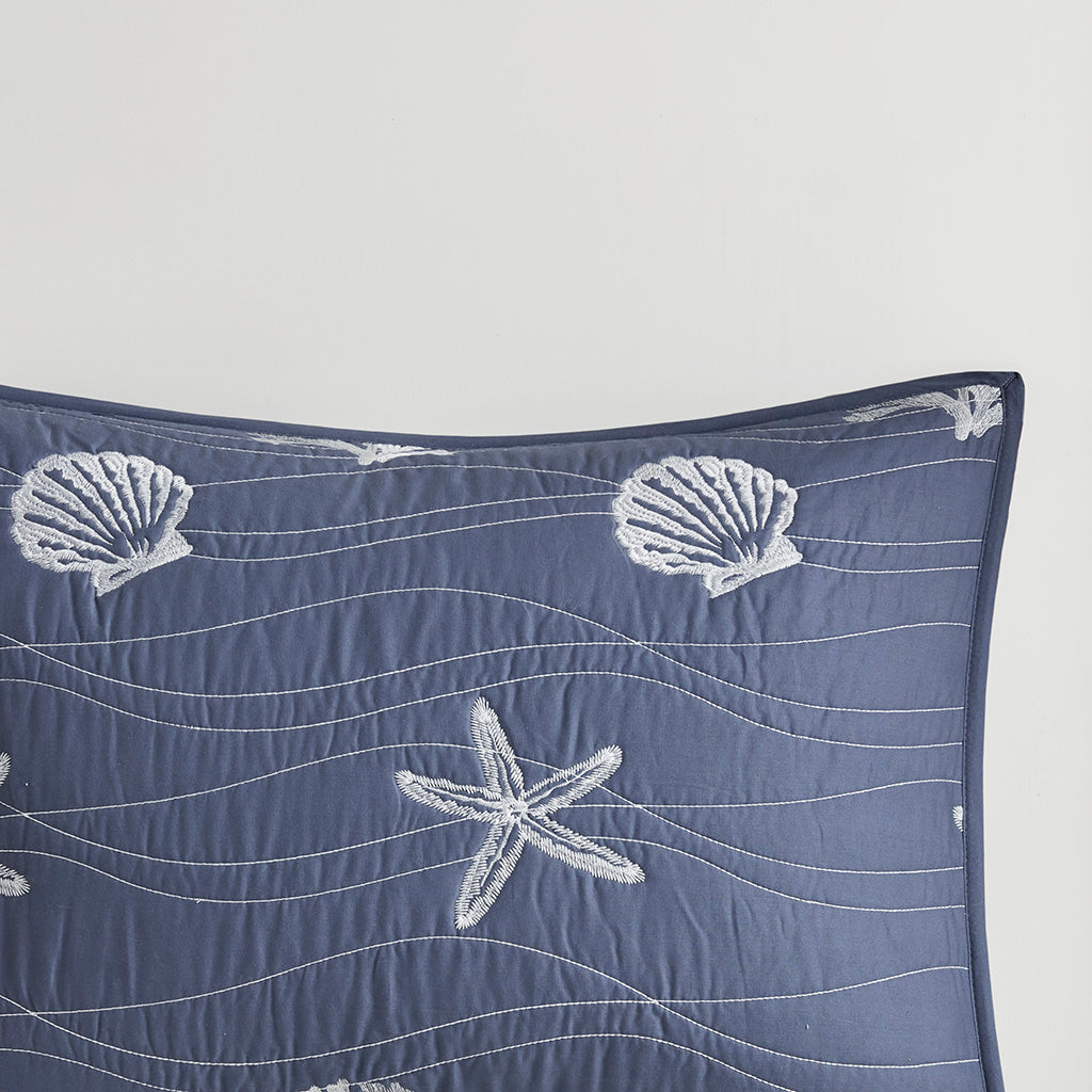 Seaside 4 Piece Cotton Reversible Embroidered Quilt Set with Throw Pillow