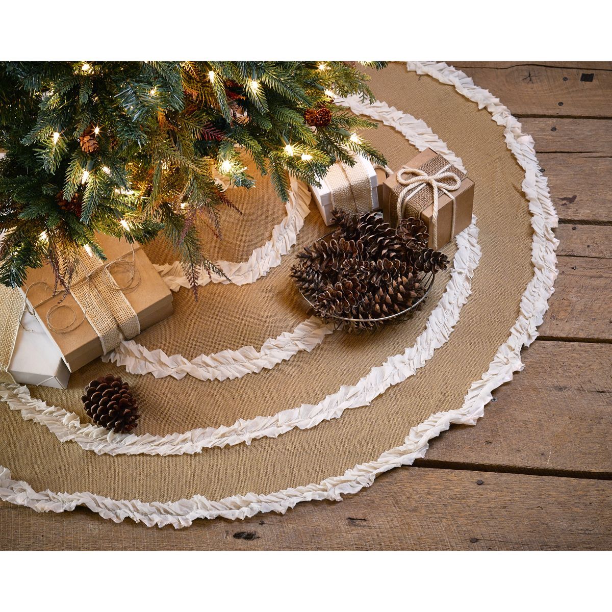 Burlap & Creme Voile Ruffled Tree Skirt
