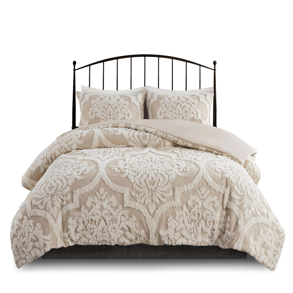 Viola 3 piece Tufted Cotton Chenille Damask Duvet Cover Set