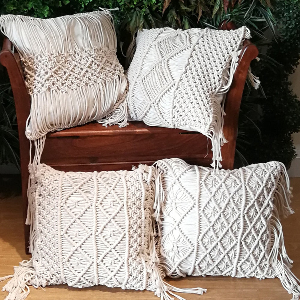 Macrame Hand-Woven Cotton Thread Pillow Covers 100% Cotton Linen Geometry Bohemia Cushion Covers