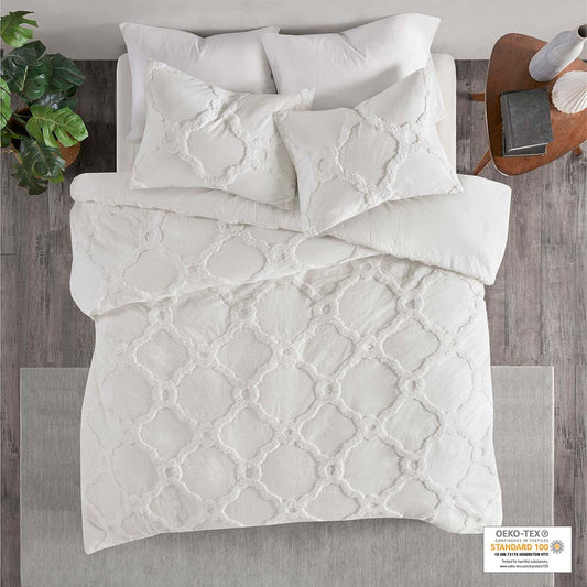 Pacey 3 Piece Tufted Cotton Chenille Geometric Duvet Cover Set