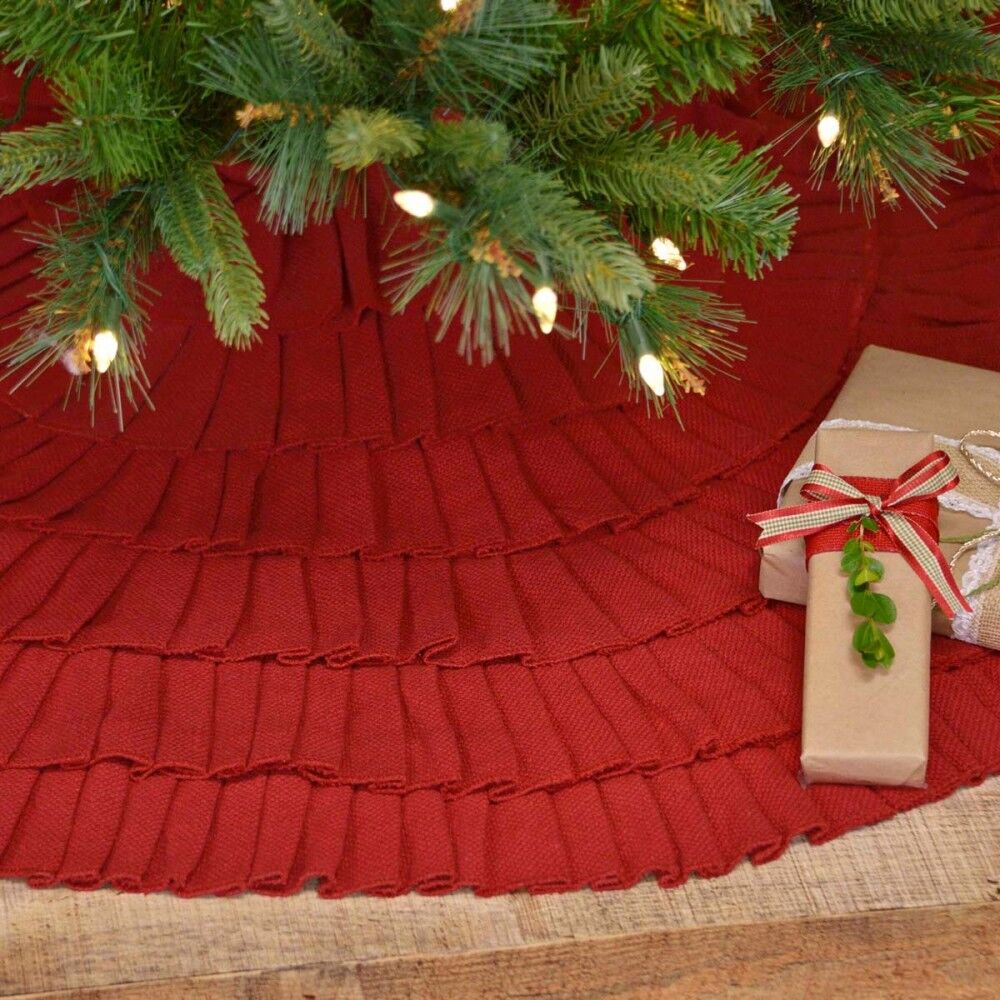 Festive Red Burlap Ruffled Tree Skirt